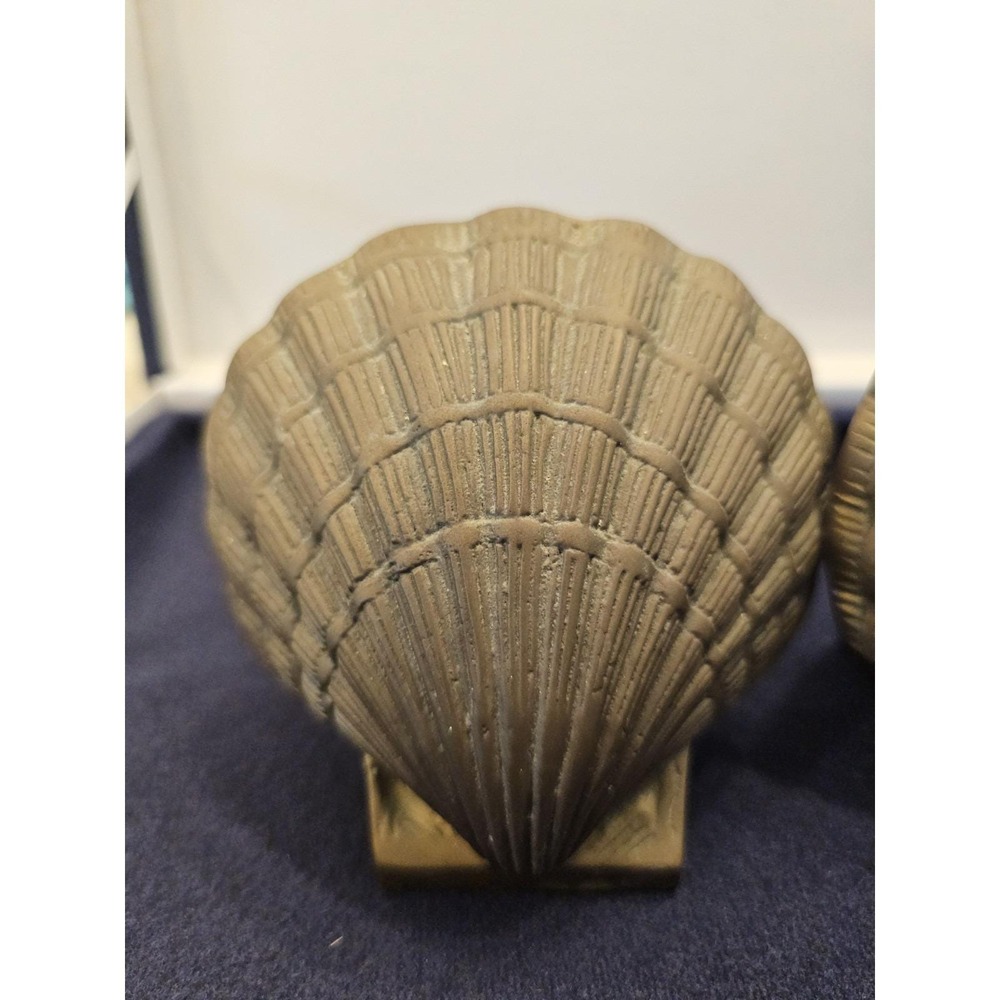 Vintage Brass Nautical Coastal Seashell Clam Shell Bookends Thick Heavy Patina - Picture 5 of 7